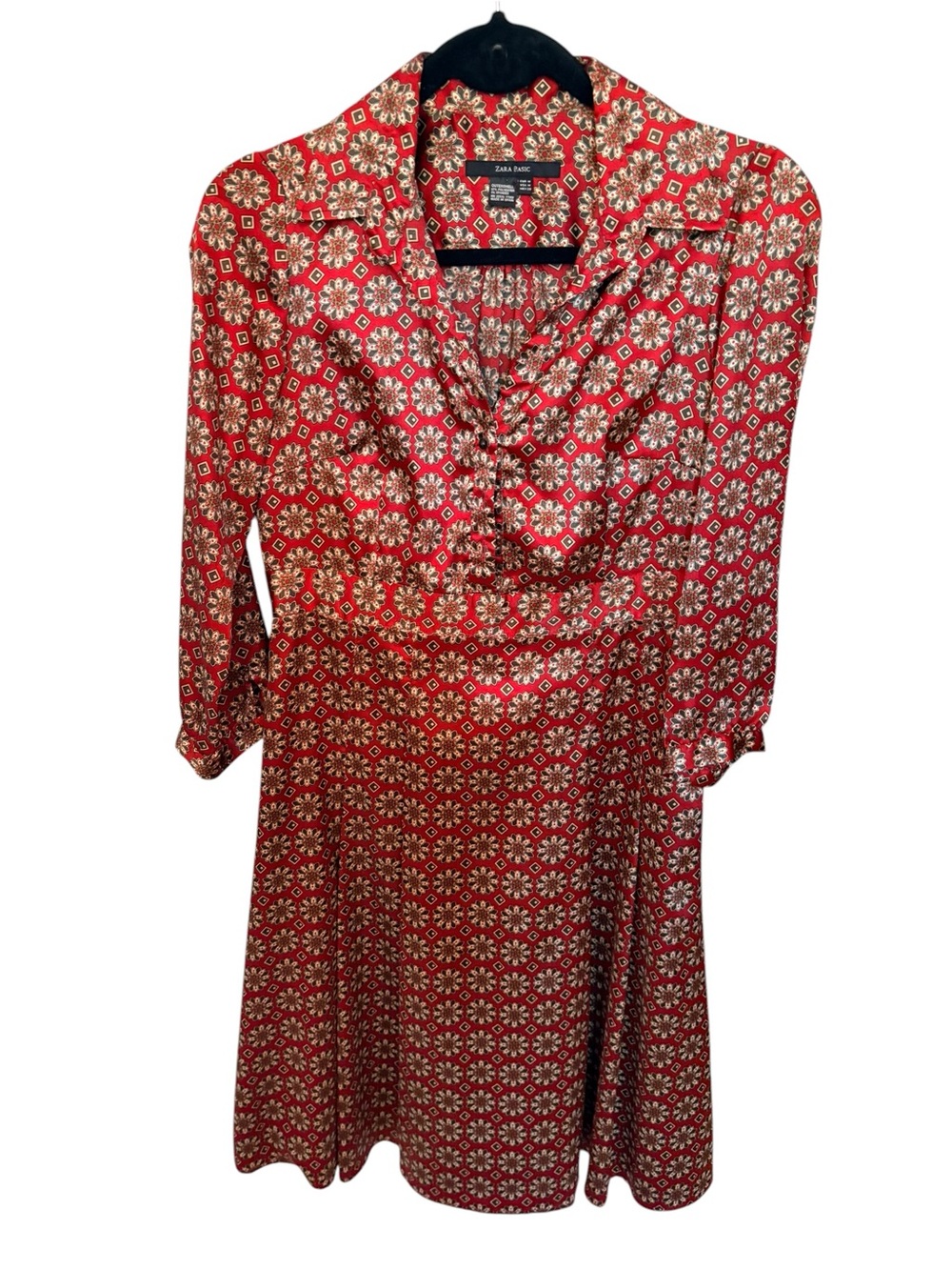 Zara Red and Cream Long-Sleeve Printed Dress